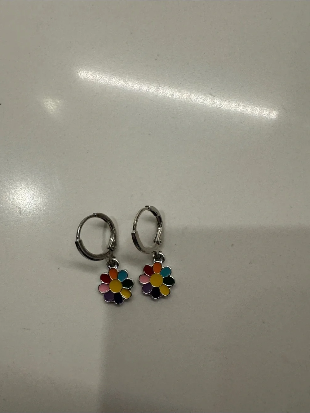 Silver Hoop Earrings with Multicolor Flower Charms